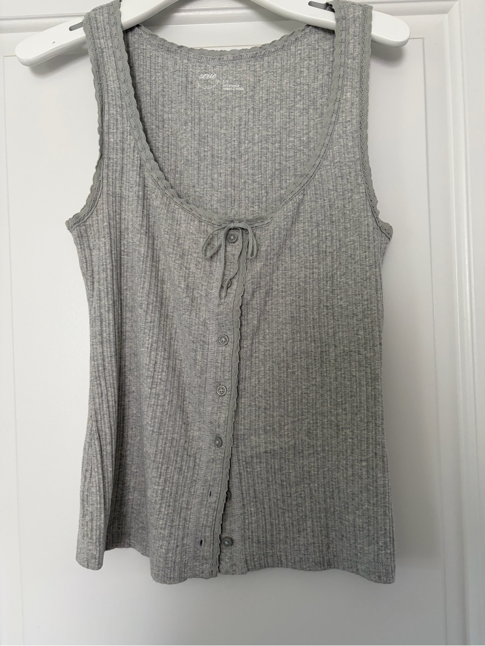 aerie Light Gray Ribbed Button-Front Tank with Tie